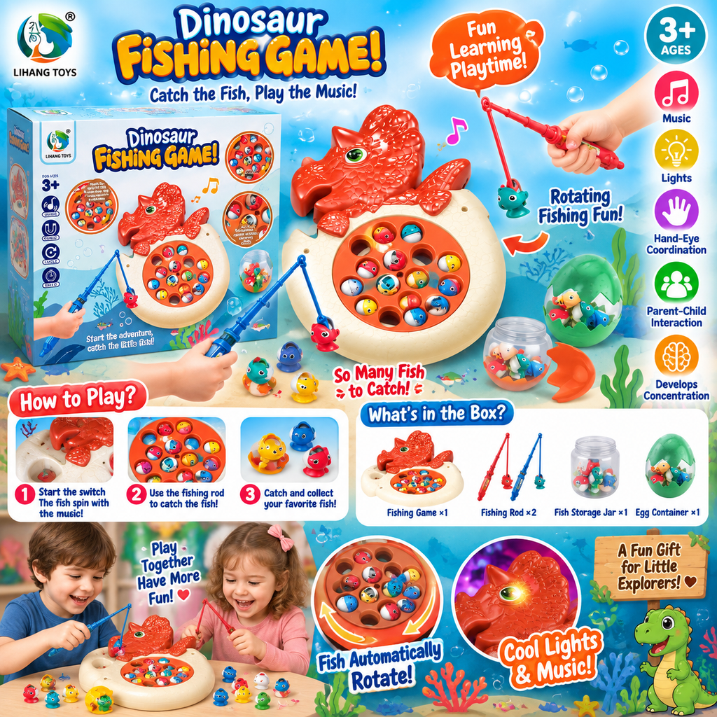 Dinosaur Fishing Game Set – Motorized Rotating Magnetic Fishing Toy with Music and Colorful Fish (Ages 3+)