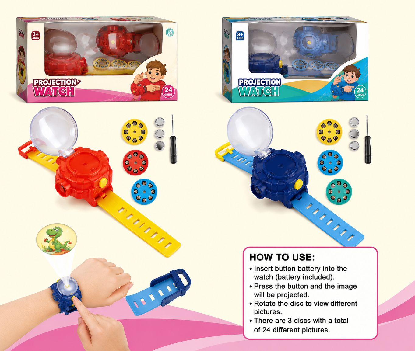 Kids Projection Watch | Cartoon Image Projector Watch with 3 Picture Discs
