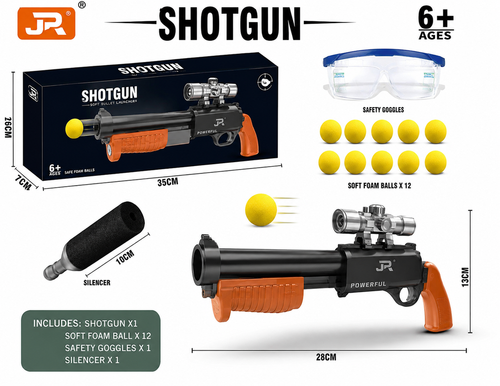 Kids Shotgun Toy with 12 Soft Foam Balls | Toy Blaster Gun with Safety Goggles & Silencer | Ages 6+