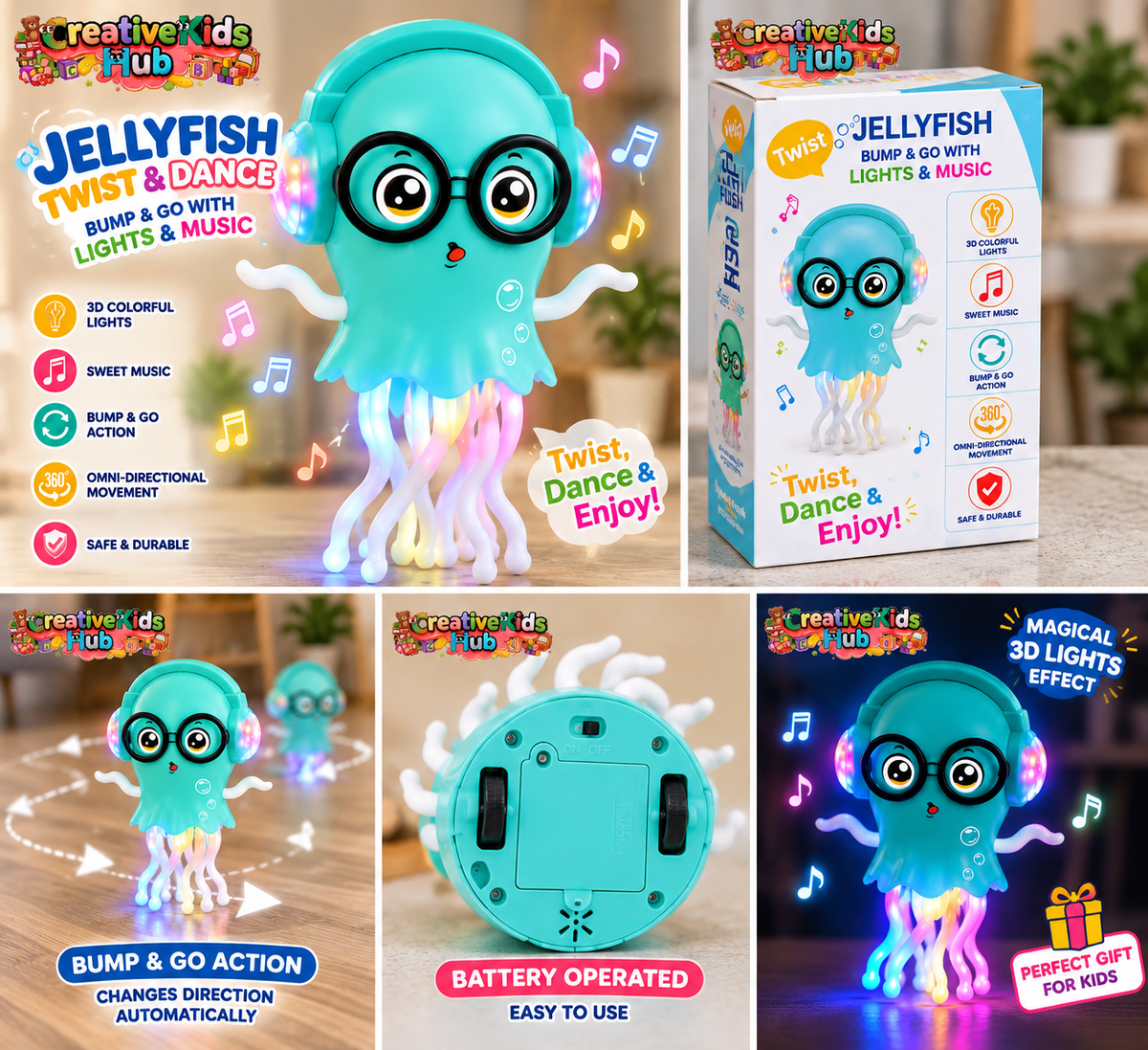 Twist Jellyfish Bump & Go Musical Toy – Interactive Walking Jellyfish with 3D Lights and Sound Effects for Kids