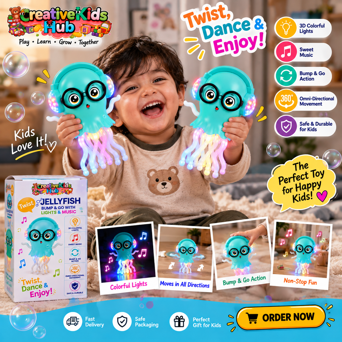 Twist Jellyfish Bump & Go Musical Toy – Interactive Walking Jellyfish with 3D Lights and Sound Effects for Kids