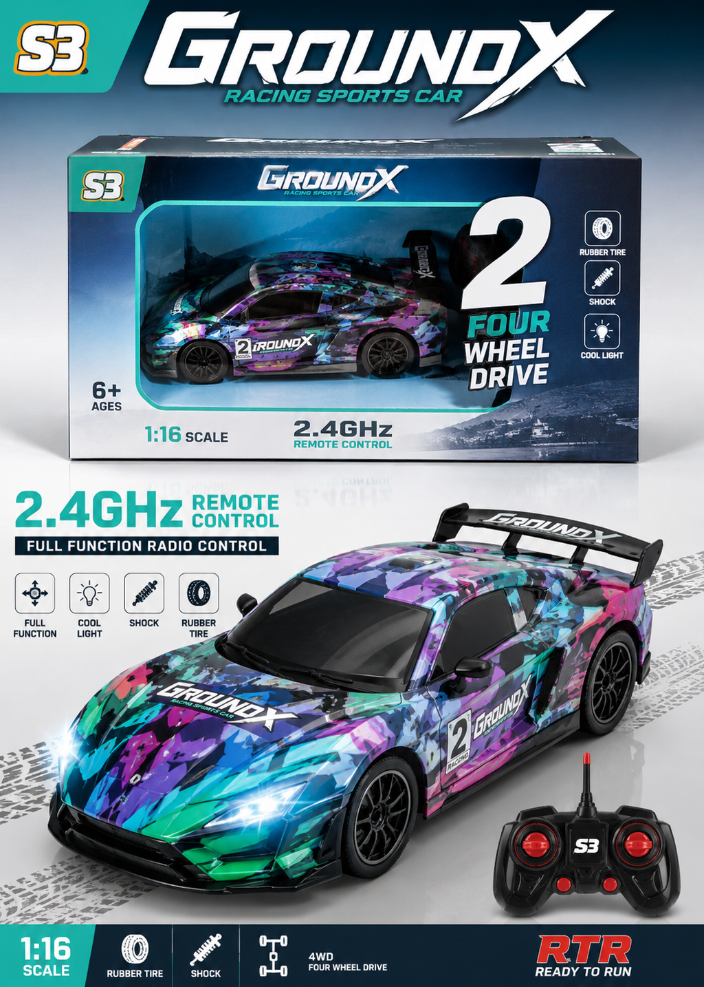 S3 GROUNDX 1:16 RC Racing Sports Car | 2.4GHz 4WD Remote Control Car with LED Lights