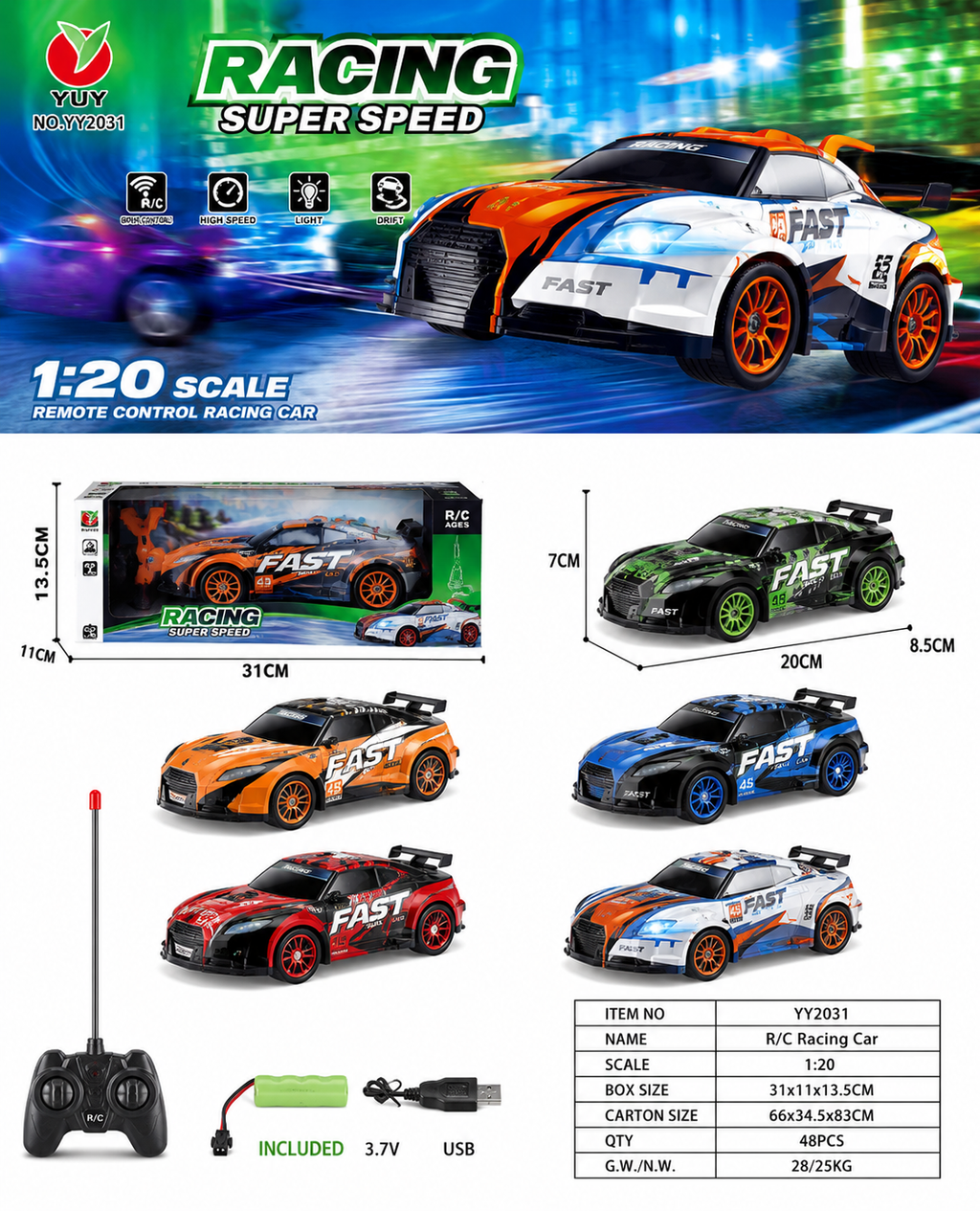 1:20 Scale Remote Control Racing Car | YY2031 Rechargeable Super Speed RC Sports Car