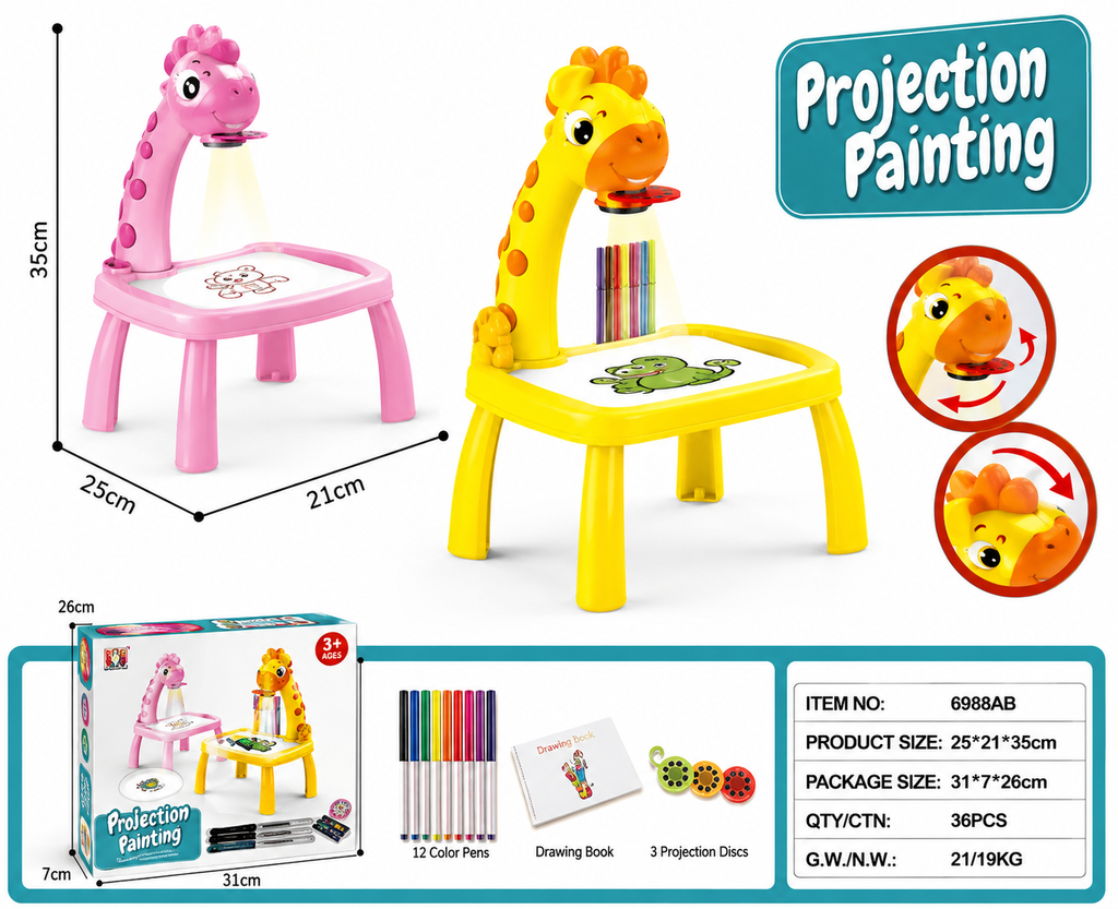 Giraffe Projection Painting Table for Kids | Drawing Projector Desk with 12 Pens & 3 Projection Discs