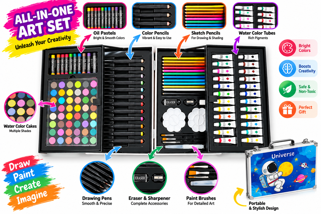 Kids 3-in-1 Complete Art & Drawing Set – Color Pencil, Oil Pastels & Water Color Painting Kit with Portable Universe Case