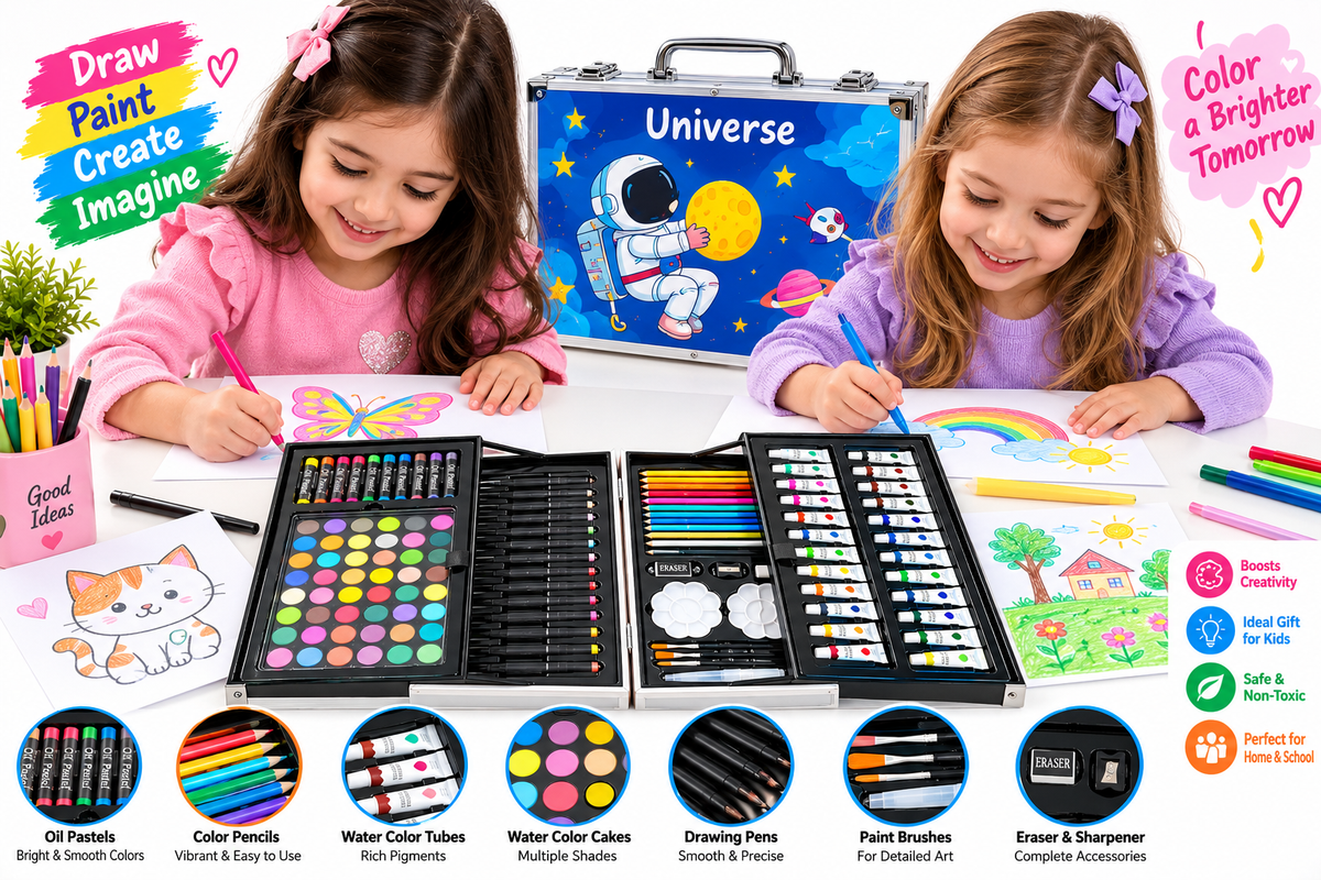 Kids 3-in-1 Complete Art & Drawing Set – Color Pencil, Oil Pastels & Water Color Painting Kit with Portable Universe Case