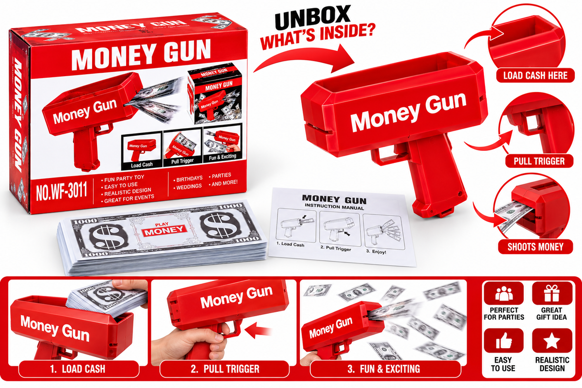 Money Gun Toy for Parties | Red Play Money Shooter with Fun Bill Shooting Action