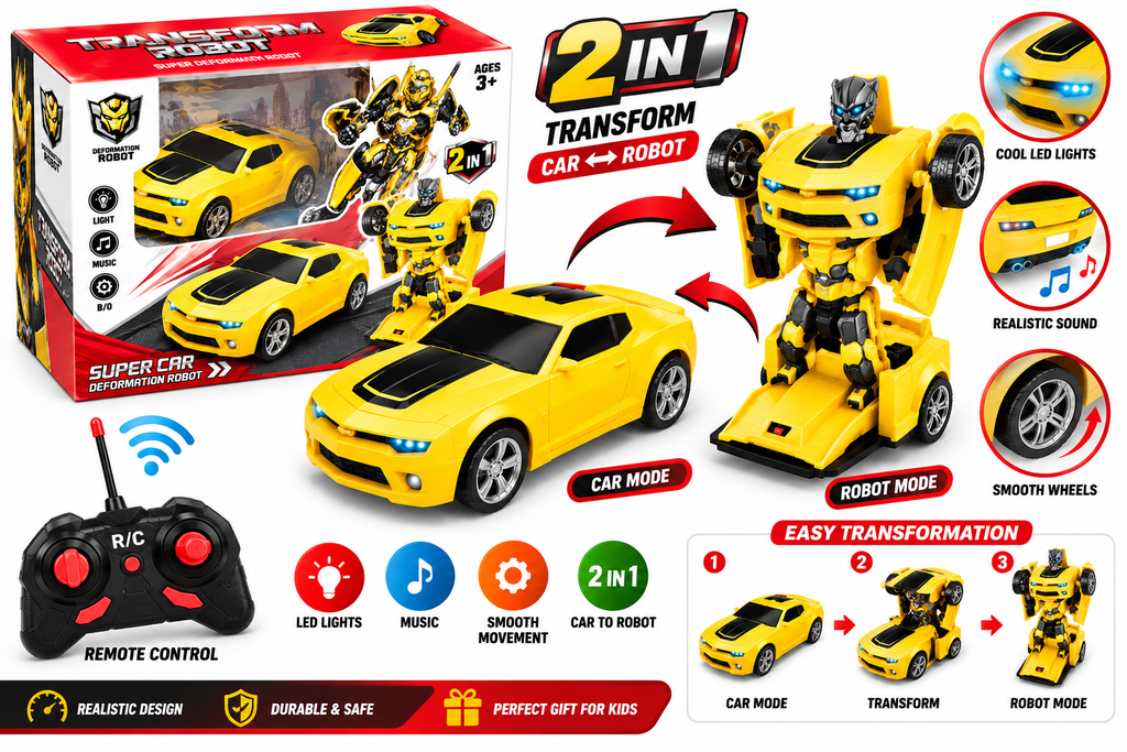 2-in-1 Transforming Construction Vehicle Robot Toy – Yellow Kids Action Playset