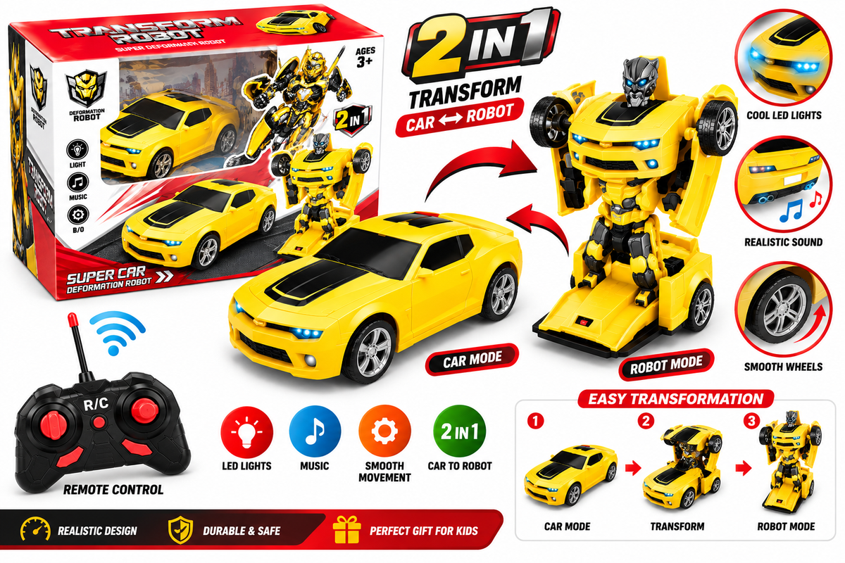 2-in-1 Transforming Construction Vehicle Robot Toy – Yellow Kids Action Playset