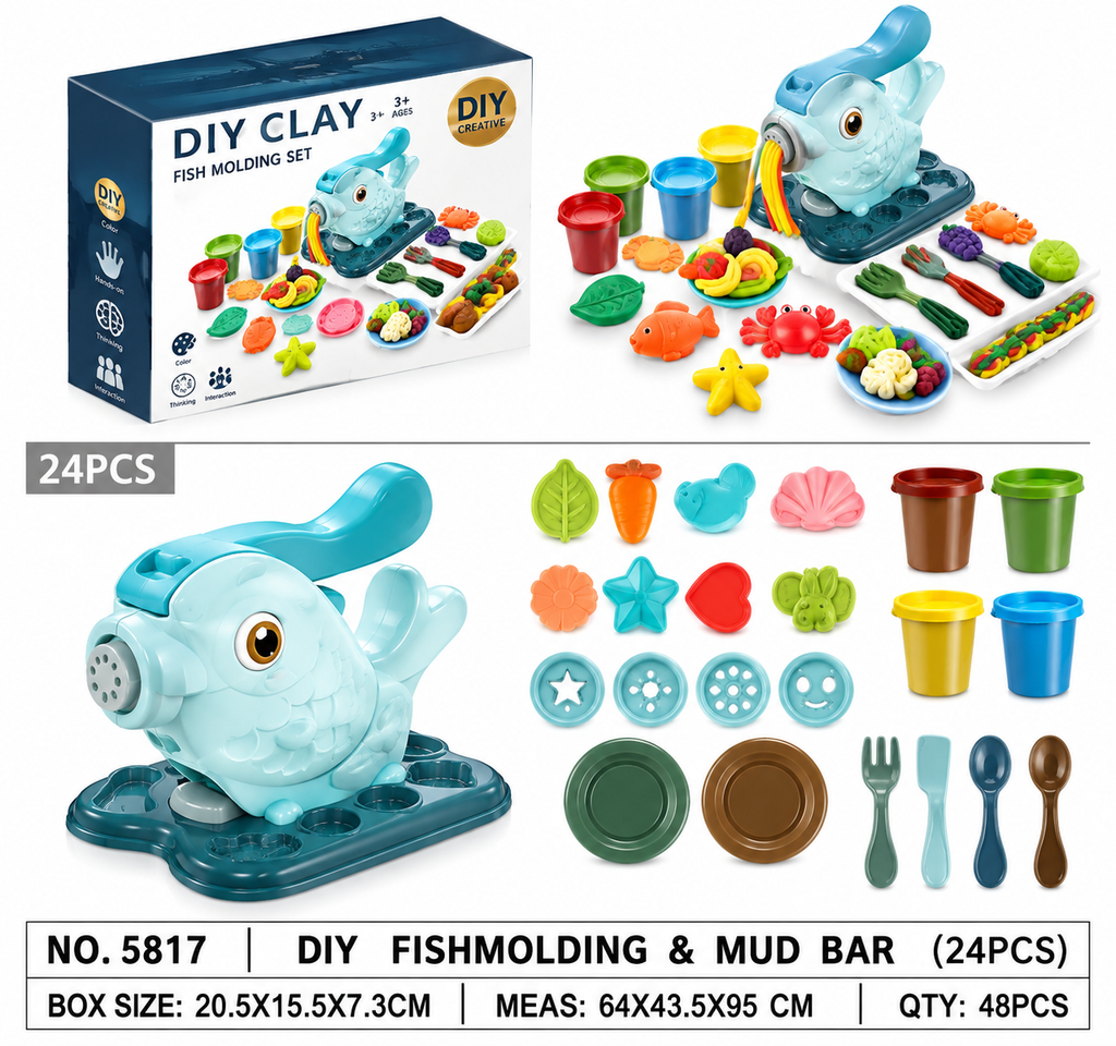 DIY Fish Molding & Mud Bar Set - 24 Pieces Creative Educational Clay Toy, Safe Modeling Dough Kit with Extruder Machine, Molds, and Cutlery for Kids