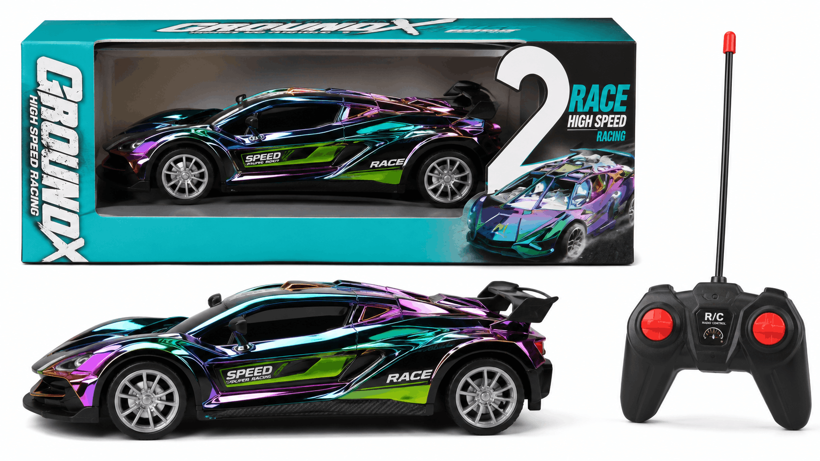 Ground X High Speed Racing RC Car – Iridescent Radio Control Sports Car Toy with Full Function Remote