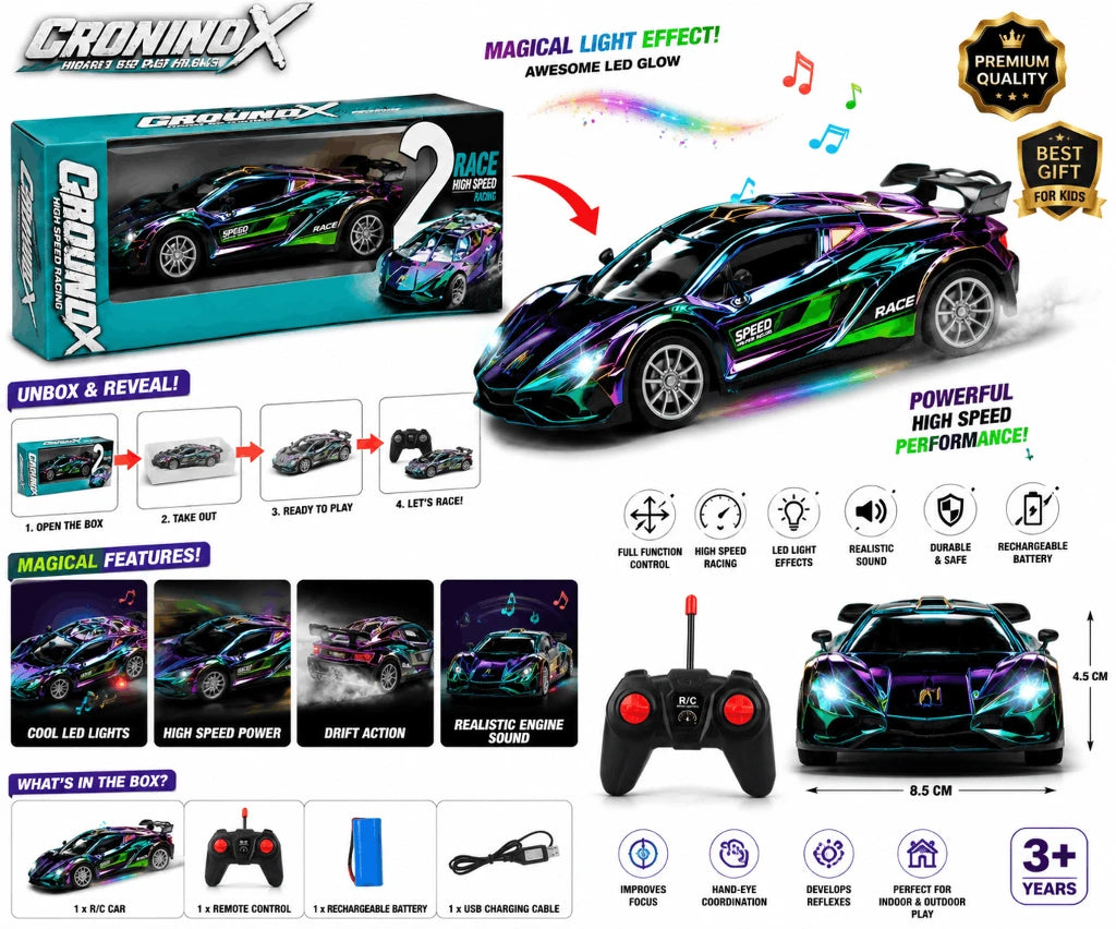 Ground X High Speed Racing RC Car – Iridescent Radio Control Sports Car Toy with Full Function Remote