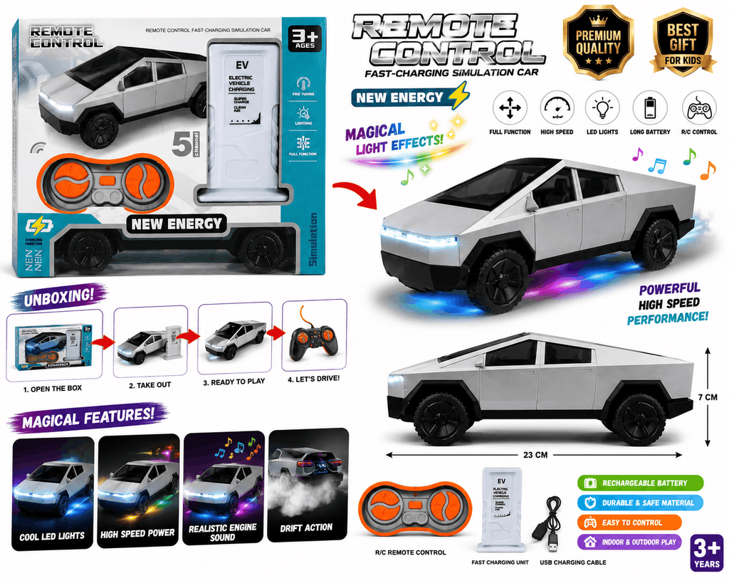 New Energy RC Electric Pickup Truck – 5-Channel Fast-Charging Simulation Remote Control Car with EV Charging Station Accessory for Kids (3+ Years)