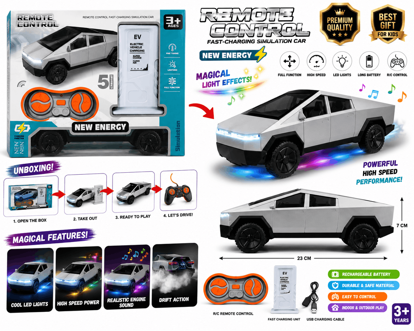 New Energy RC Electric Pickup Truck – 5-Channel Fast-Charging Simulation Remote Control Car with EV Charging Station Accessory for Kids (3+ Years)