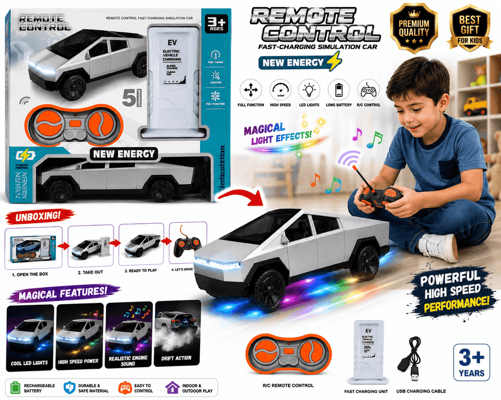 New Energy RC Electric Pickup Truck – 5-Channel Fast-Charging Simulation Remote Control Car with EV Charging Station Accessory for Kids (3+ Years)
