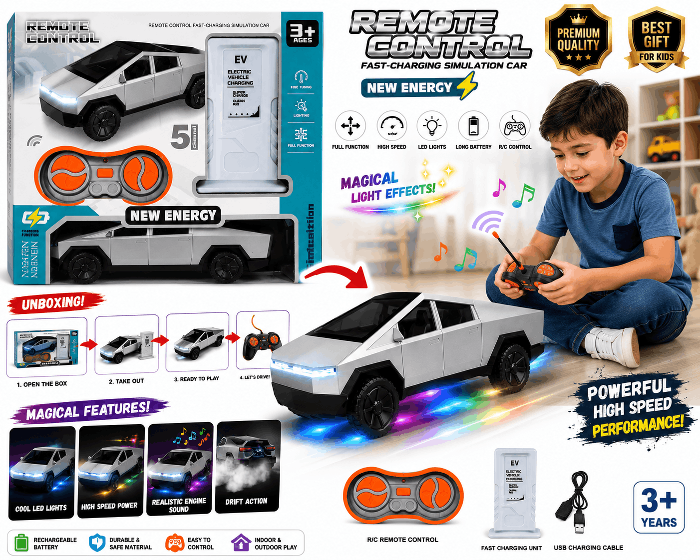 New Energy RC Electric Pickup Truck – 5-Channel Fast-Charging Simulation Remote Control Car with EV Charging Station Accessory for Kids (3+ Years)