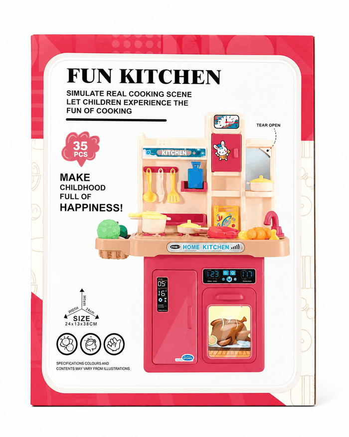 Fun Kitchen Pretend Playset – 35-Piece Home Kitchen Toy with Simulated Cooking Scene, Sink, and Accessories for Kids