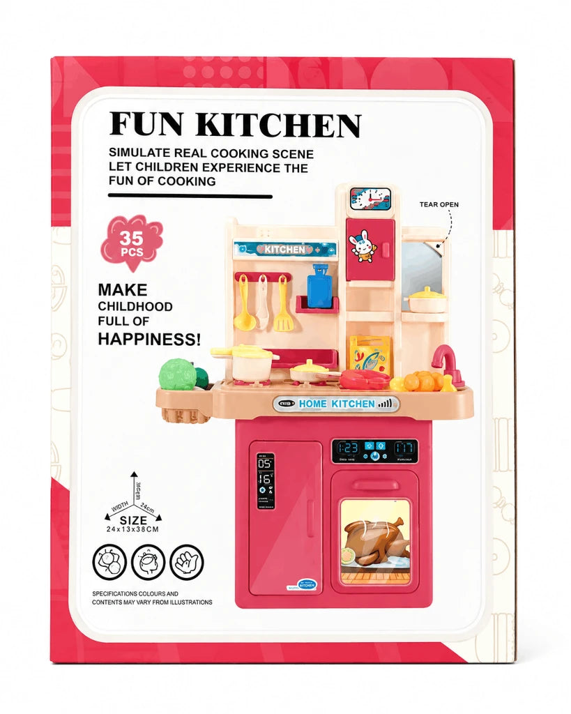 Fun Kitchen Pretend Playset – 35-Piece Home Kitchen Toy with Simulated Cooking Scene, Sink, and Accessories for Kids