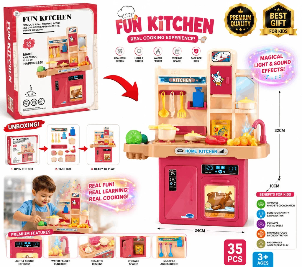 Fun Kitchen Pretend Playset – 35-Piece Home Kitchen Toy with Simulated Cooking Scene, Sink, and Accessories for Kids