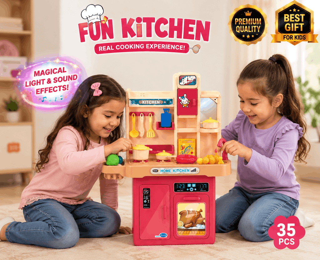 Fun Kitchen Pretend Playset – 35-Piece Home Kitchen Toy with Simulated Cooking Scene, Sink, and Accessories for Kids