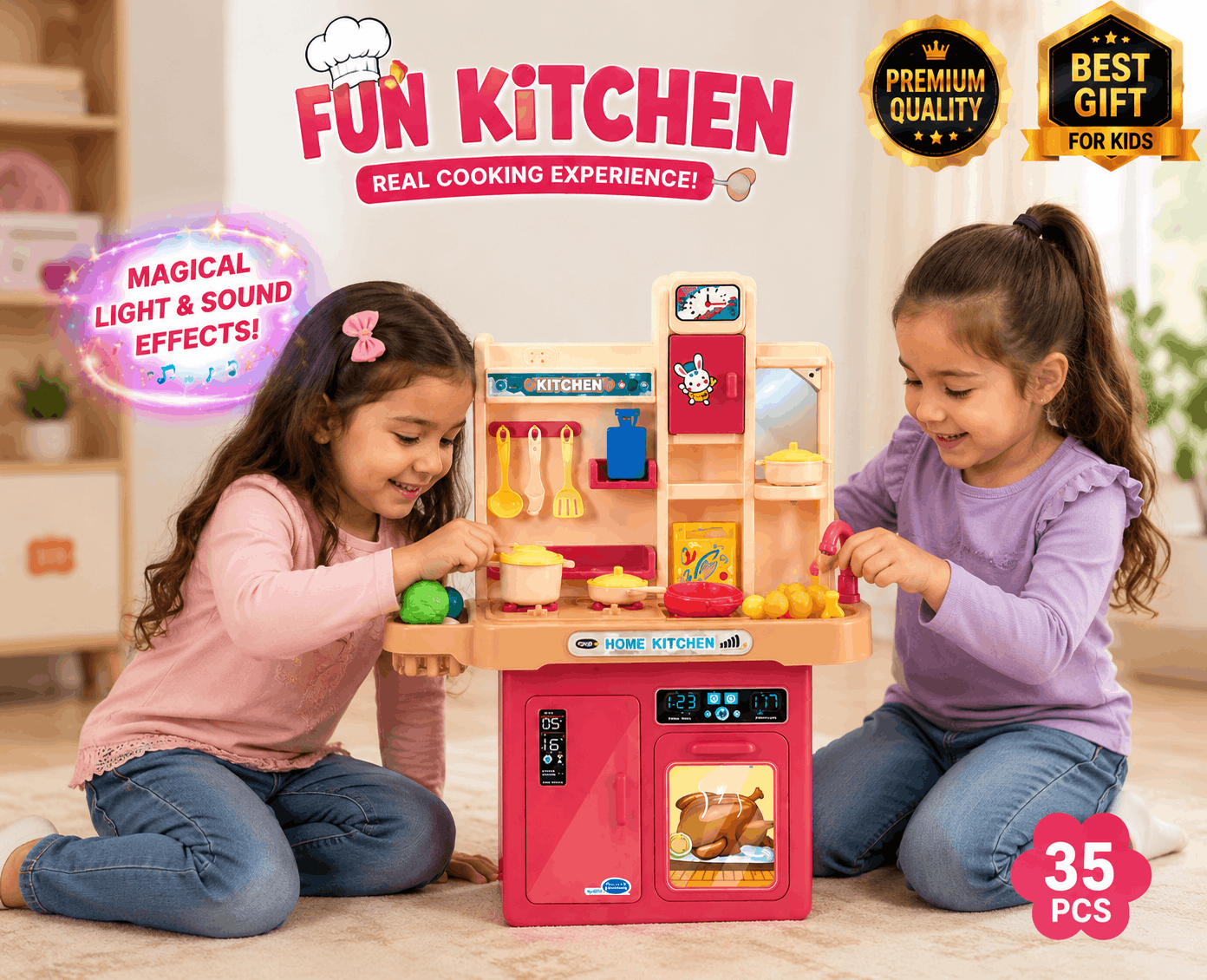 Fun Kitchen Pretend Playset – 35-Piece Home Kitchen Toy with Simulated Cooking Scene, Sink, and Accessories for Kids
