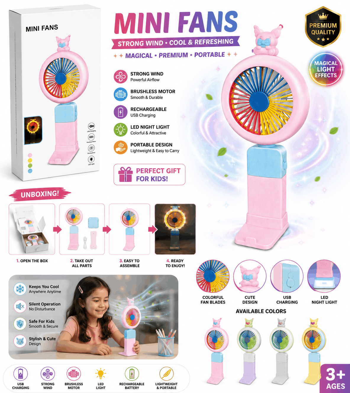 Mini Fans Portable Handheld Fan – Cute Animal-Top USB Rechargeable Cooling Fan with Brushless Motor and LED Night Light