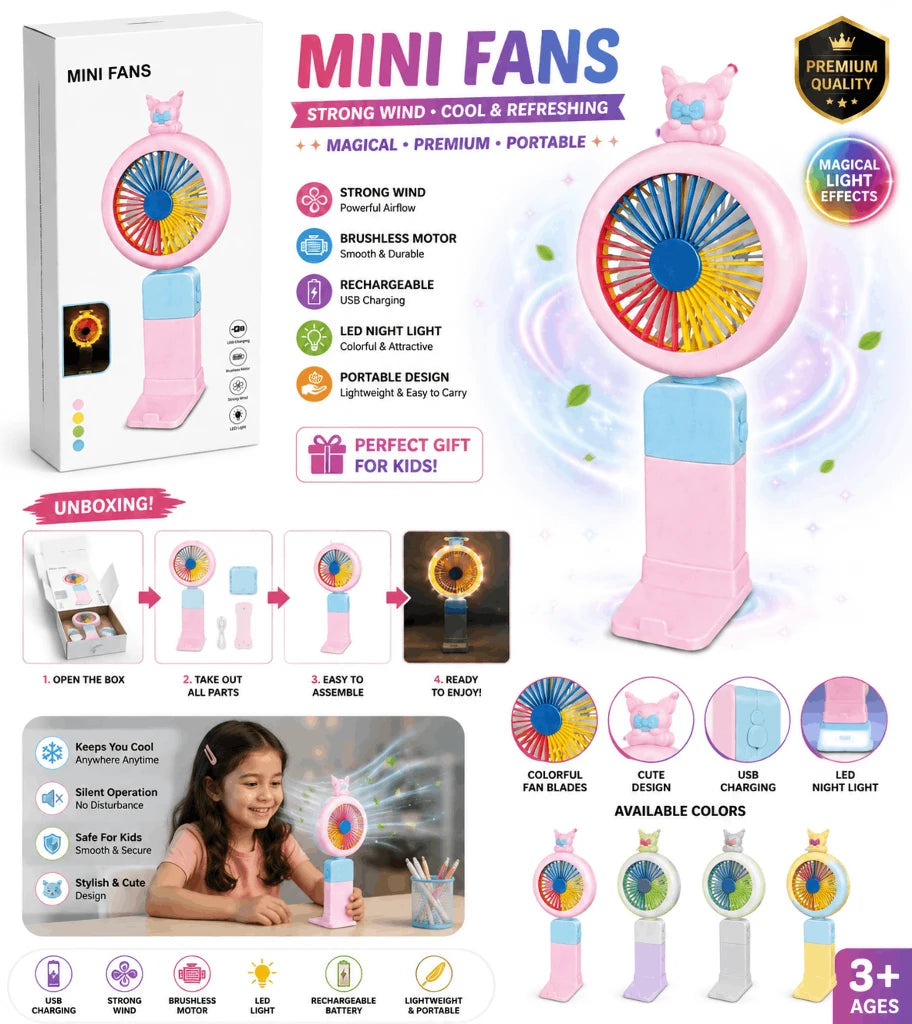 Mini Fans Portable Handheld Fan – Cute Animal-Top USB Rechargeable Cooling Fan with Brushless Motor and LED Night Light