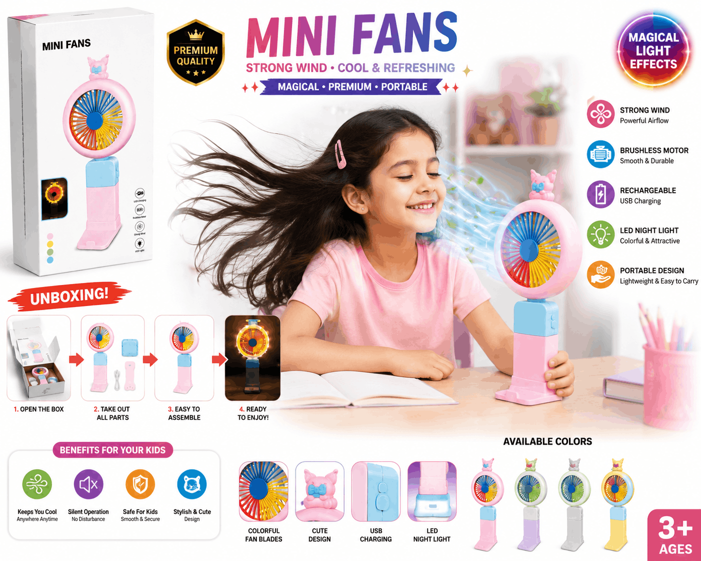 Mini Fans Portable Handheld Fan – Cute Animal-Top USB Rechargeable Cooling Fan with Brushless Motor and LED Night Light
