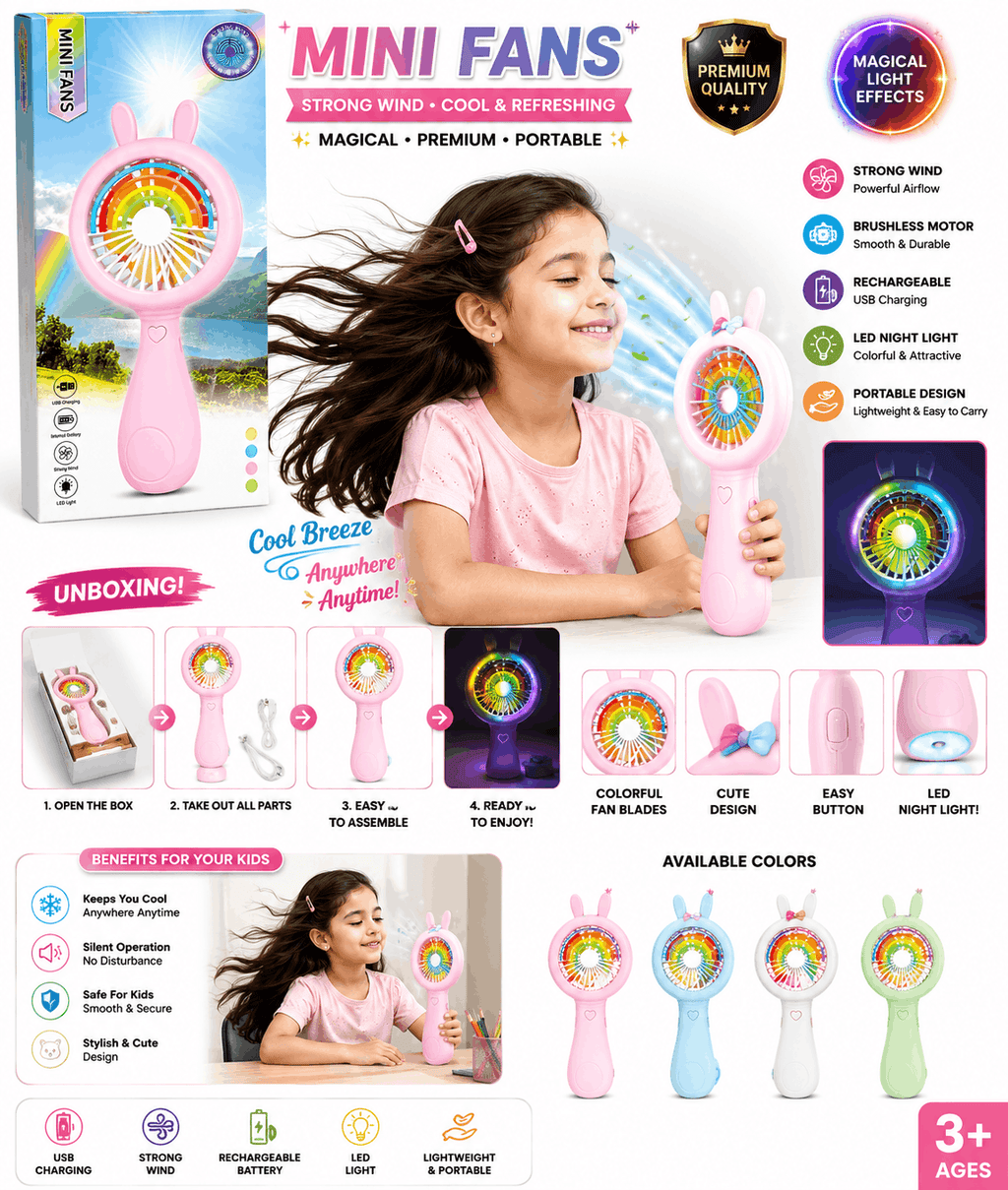 Mini Fans Portable Handheld Fan – Cute Animal-Top USB Rechargeable Cooling Fan with Brushless Motor and LED Night Light