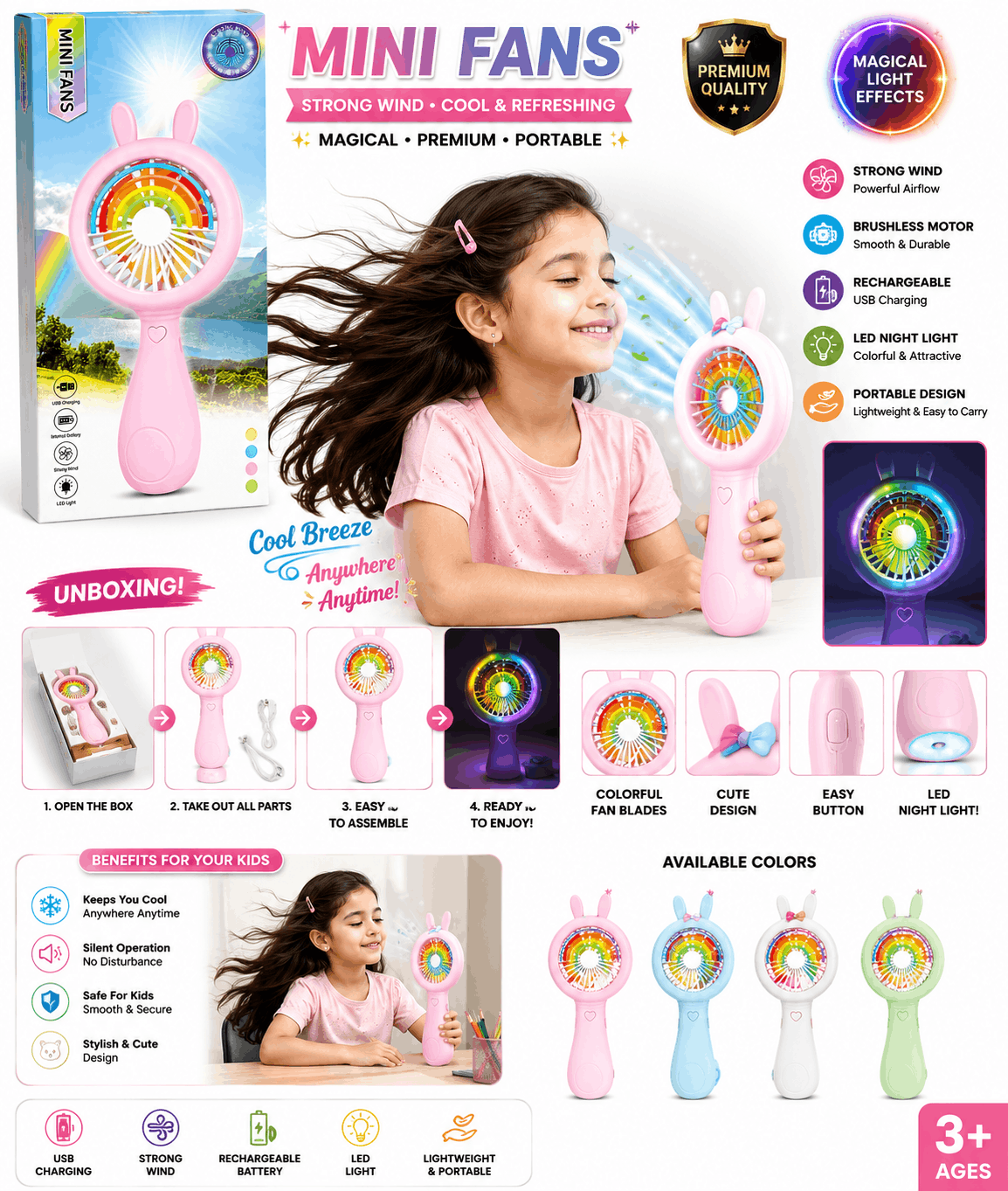 Mini Fans Portable Handheld Fan – Cute Animal-Top USB Rechargeable Cooling Fan with Brushless Motor and LED Night Light