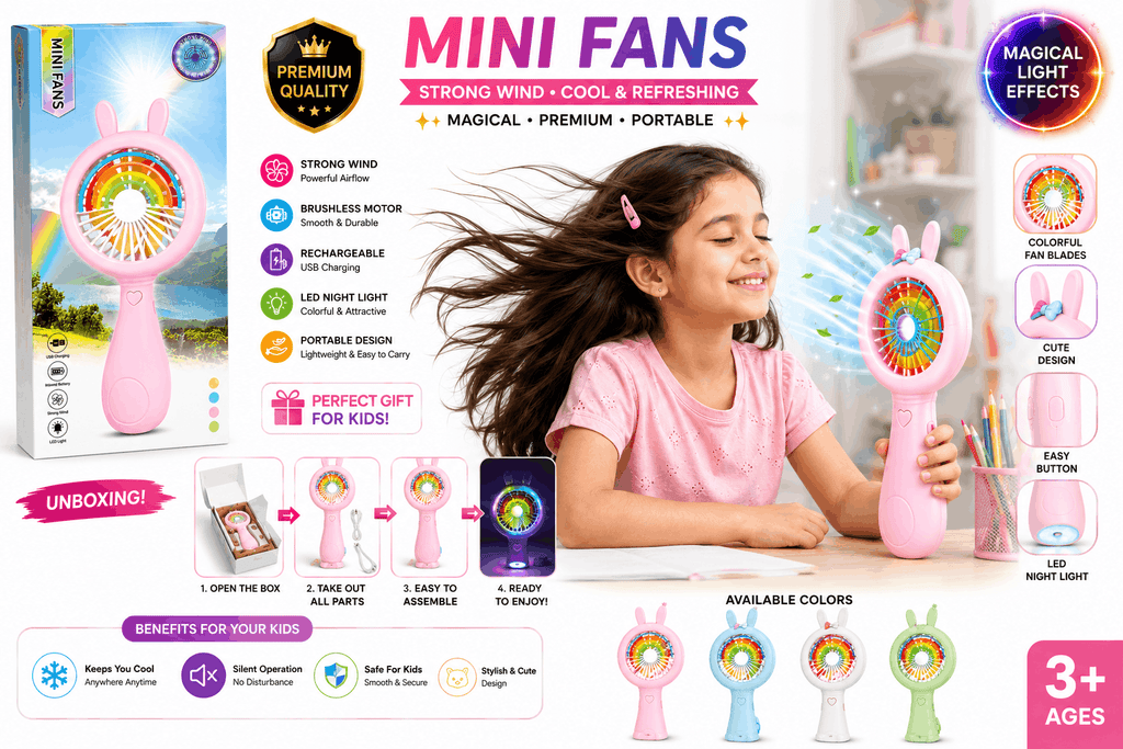 Mini Fans Portable Handheld Fan – Cute Animal-Top USB Rechargeable Cooling Fan with Brushless Motor and LED Night Light