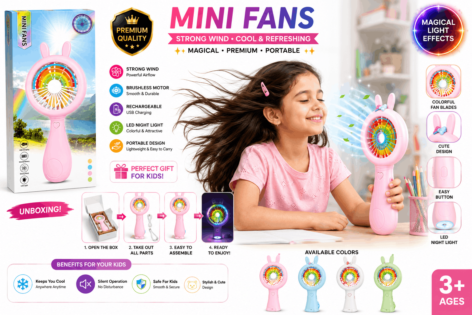 Mini Fans Portable Handheld Fan – Cute Animal-Top USB Rechargeable Cooling Fan with Brushless Motor and LED Night Light