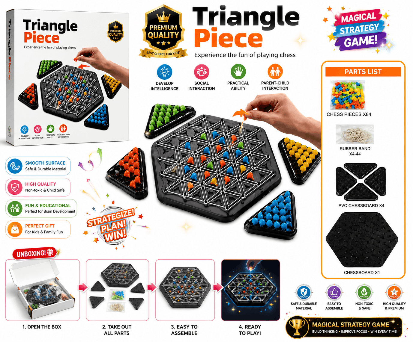 Triangle Piece Board Game – Strategic Multi-Player Geometric Chess and Puzzle Toy for Kids and Families