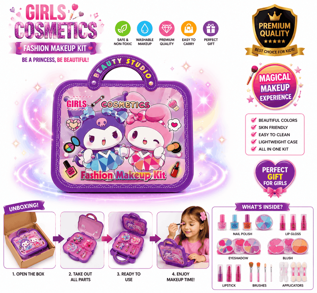 Girls Cosmetics Fashion Makeup Kit – Beauty Studio Portable Toy Vanity Case with Pretend Play Accessories