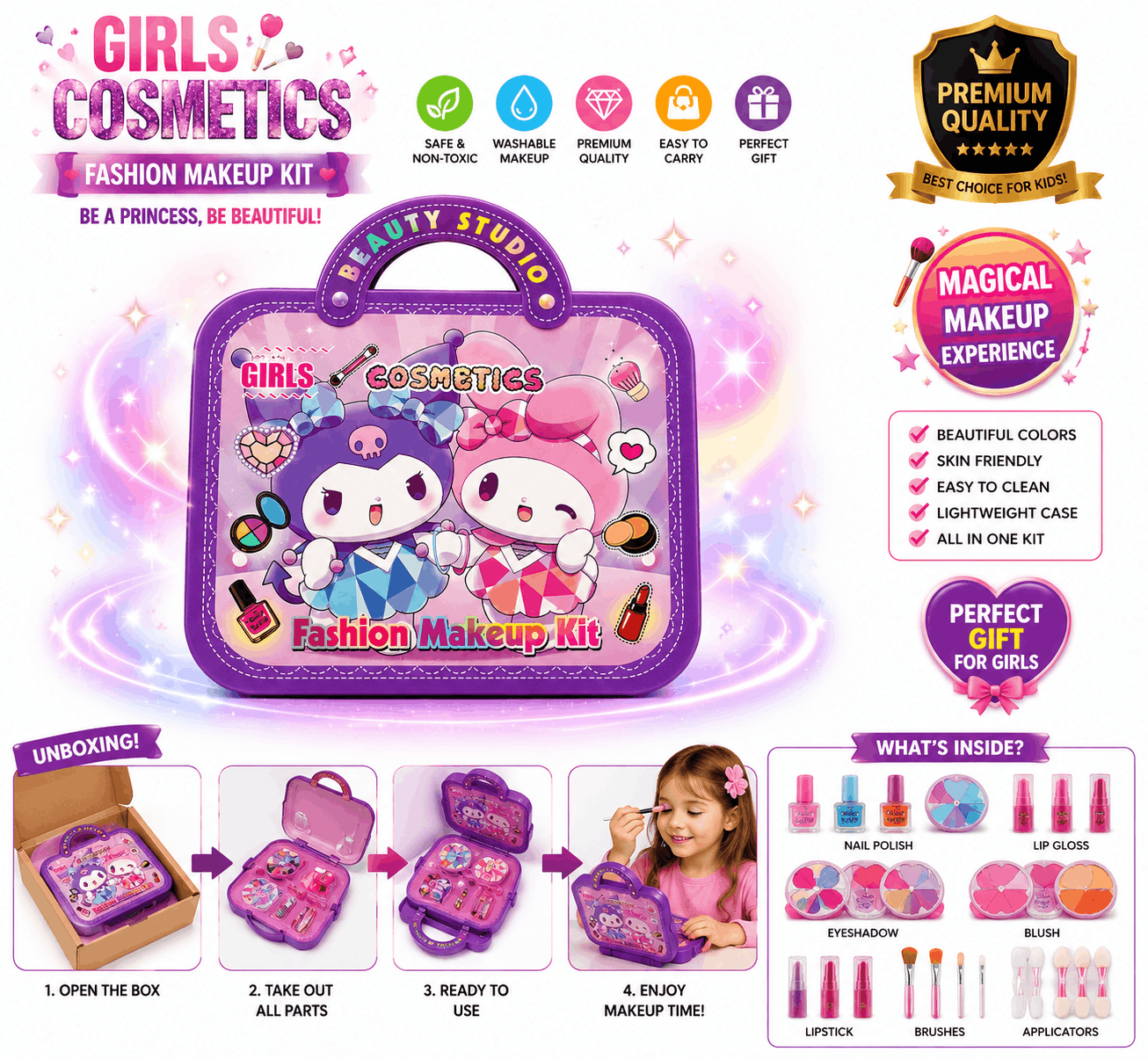 Girls Cosmetics Fashion Makeup Kit – Beauty Studio Portable Toy Vanity Case with Pretend Play Accessories