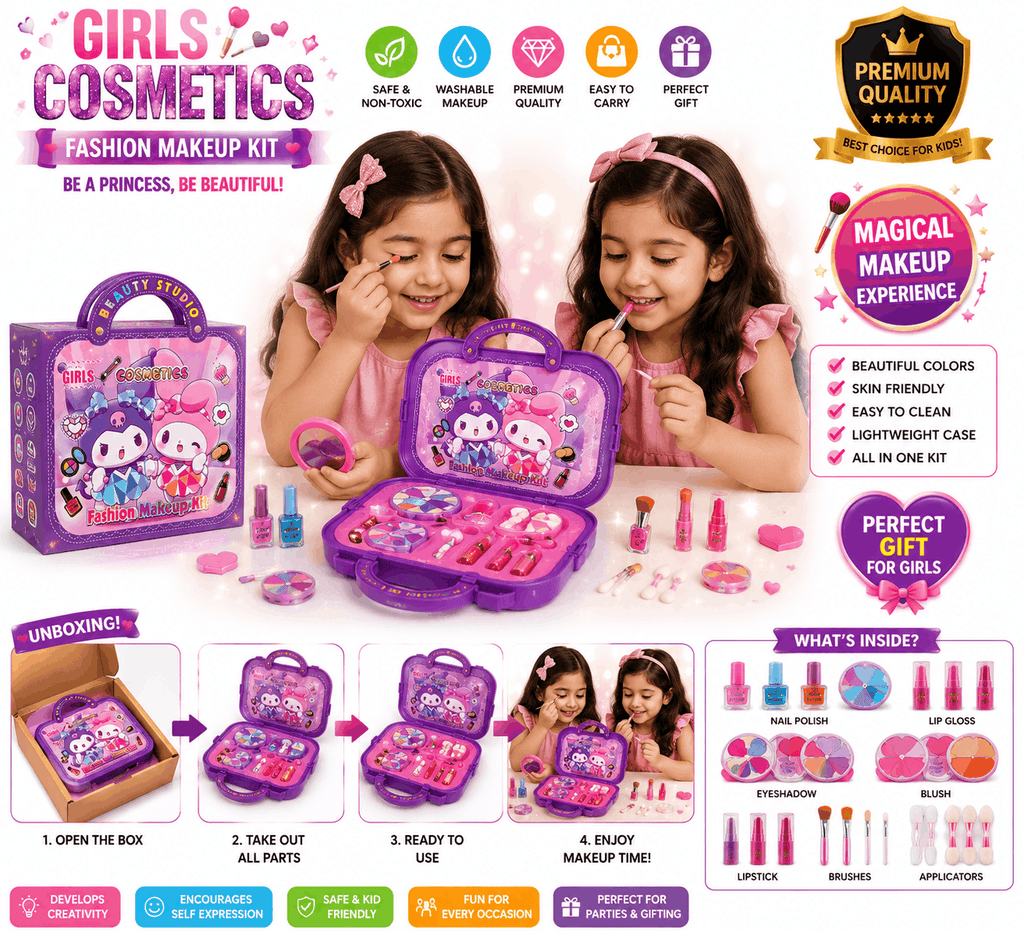 Girls Cosmetics Fashion Makeup Kit – Beauty Studio Portable Toy Vanity Case with Pretend Play Accessories