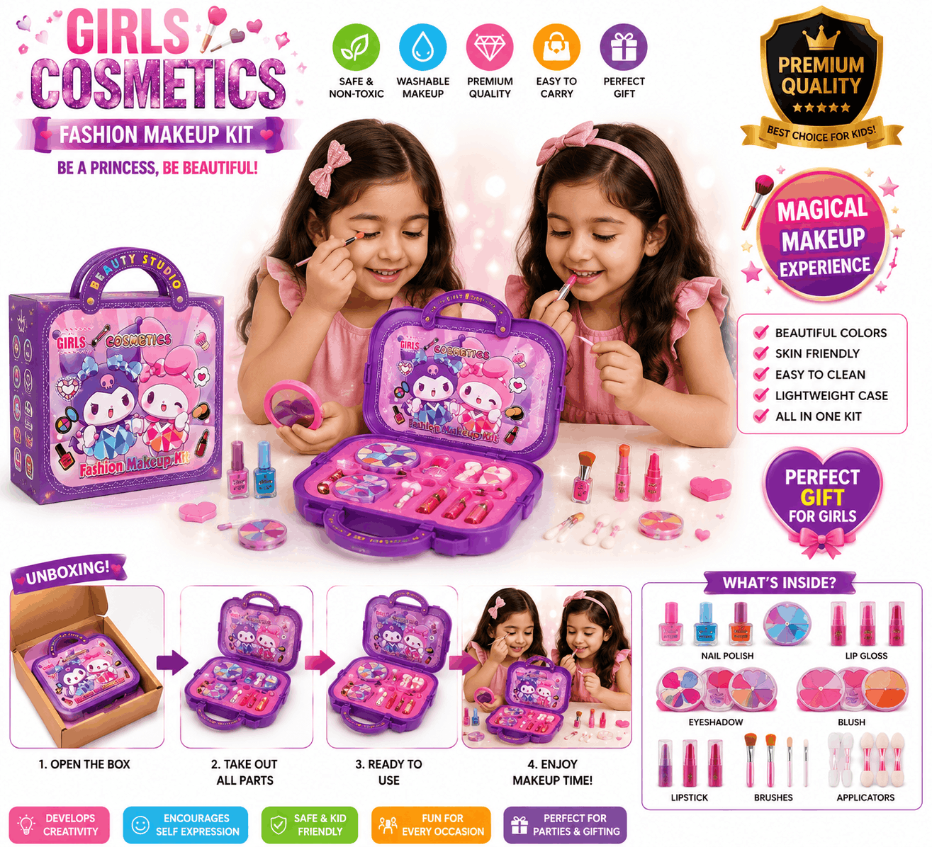 Girls Cosmetics Fashion Makeup Kit – Beauty Studio Portable Toy Vanity Case with Pretend Play Accessories