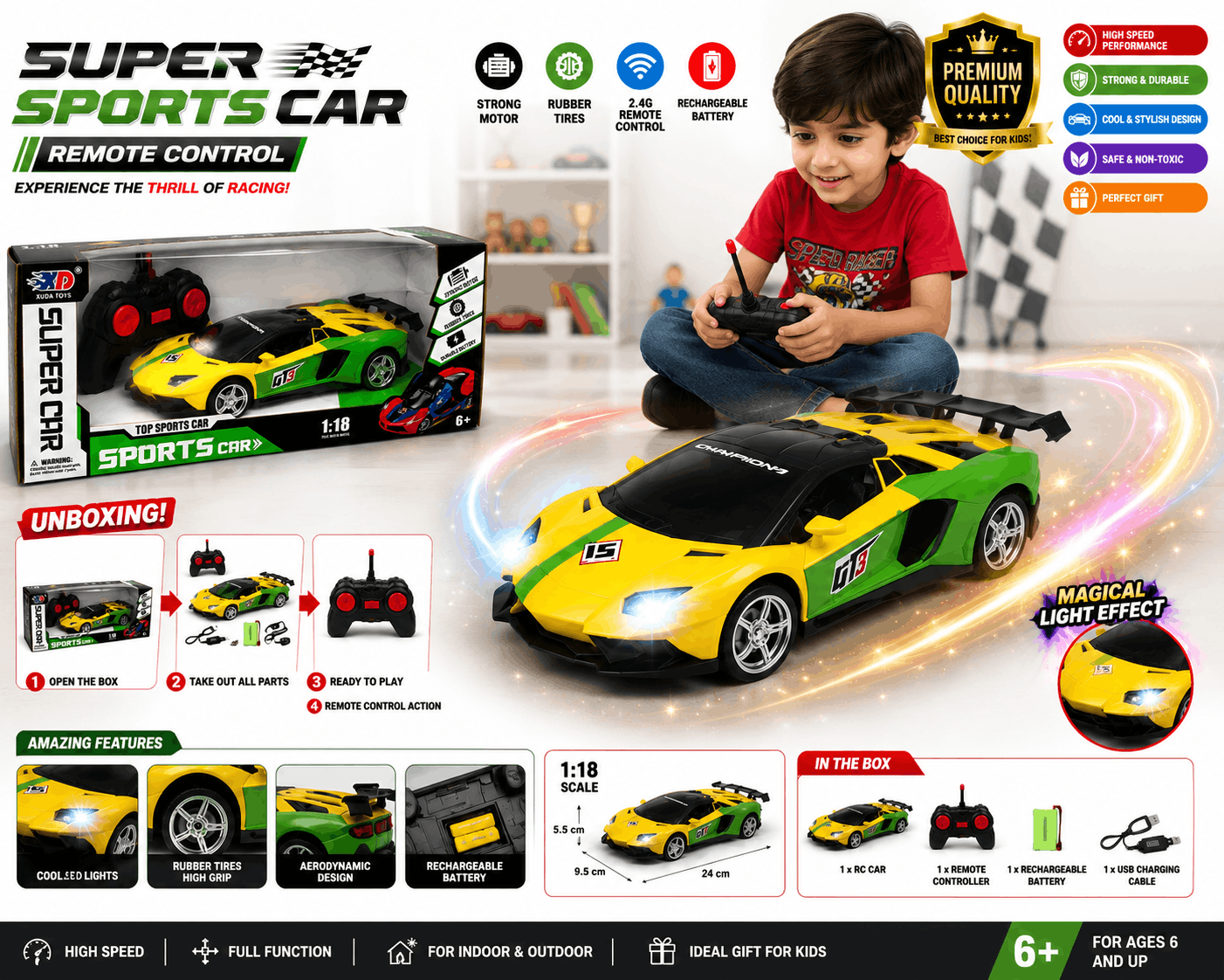 Xuda Toys GT3 Super Car – 1:18 Scale Top Sports RC Radio Control Racing Car with Strong Motor for Kids (6+ Years)