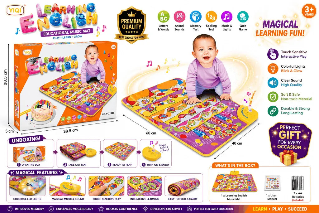 YIQI Learning English Interactive Musical Floor Mat – Educational Alphabet, Words, and Sound Play Mat for Kids (2+ Years)