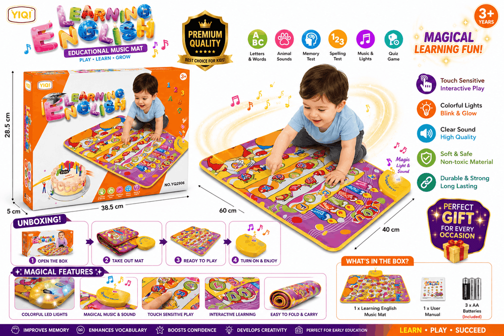 YIQI Learning English Interactive Musical Floor Mat – Educational Alphabet, Words, and Sound Play Mat for Kids (2+ Years)