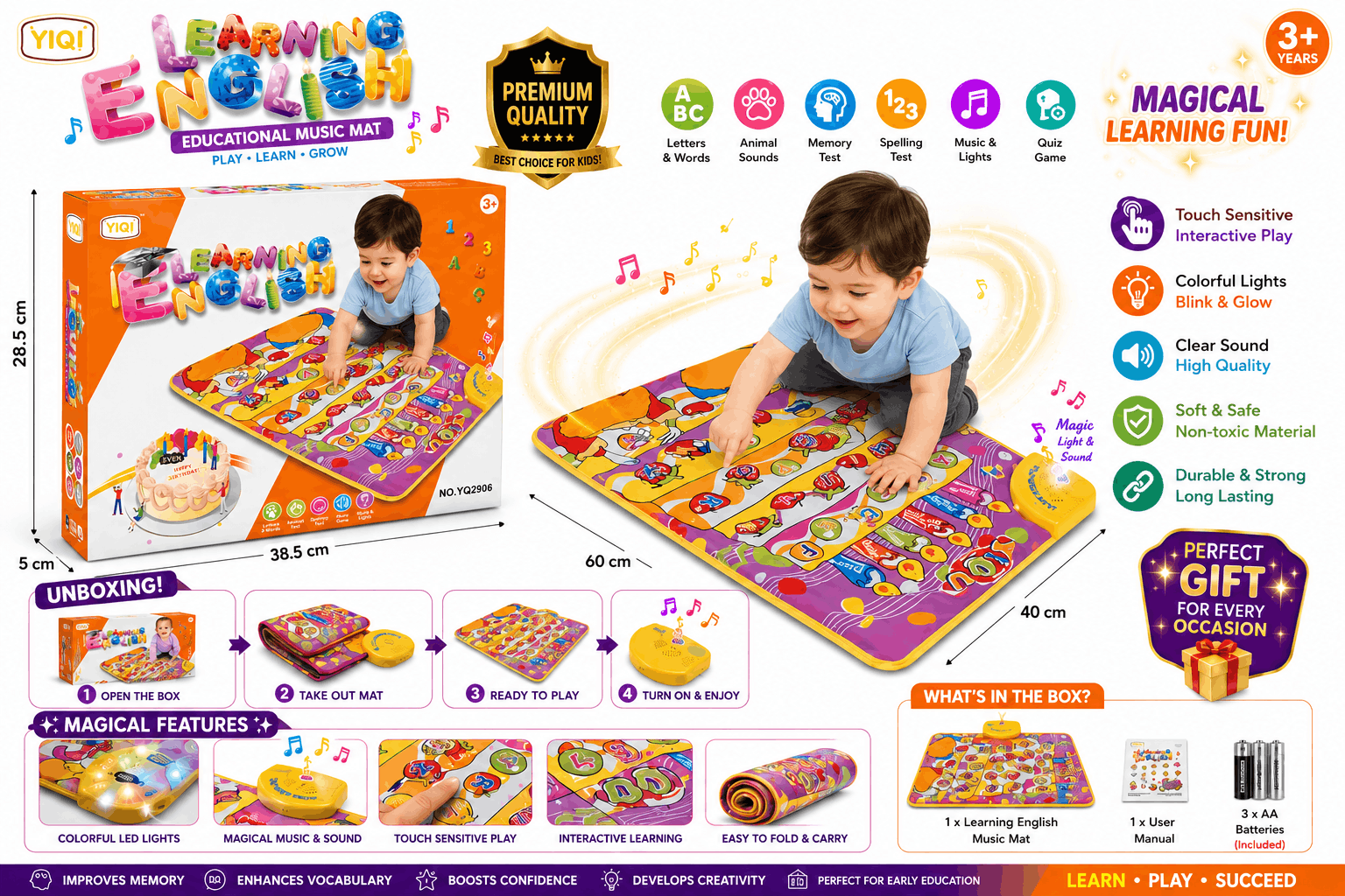 YIQI Learning English Interactive Musical Floor Mat – Educational Alphabet, Words, and Sound Play Mat for Kids (2+ Years)