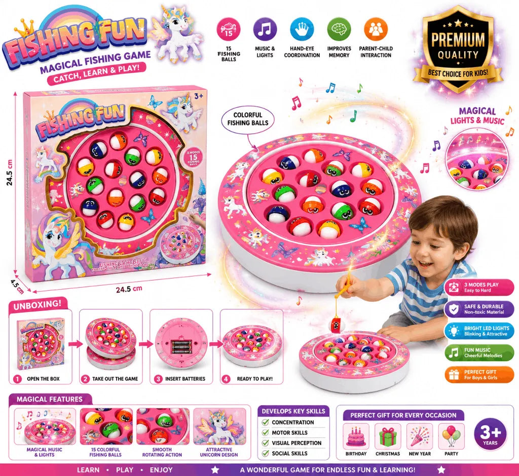 Fishing Fun Magical Fishing Game – Electronic Rotating Board Game with 15 Colorful Balls, Music, and Lights for Kids (3+ Years)