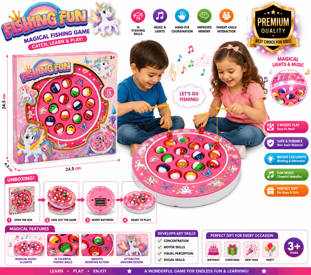 Fishing Fun Magical Fishing Game – Electronic Rotating Board Game with 15 Colorful Balls, Music, and Lights for Kids (3+ Years)