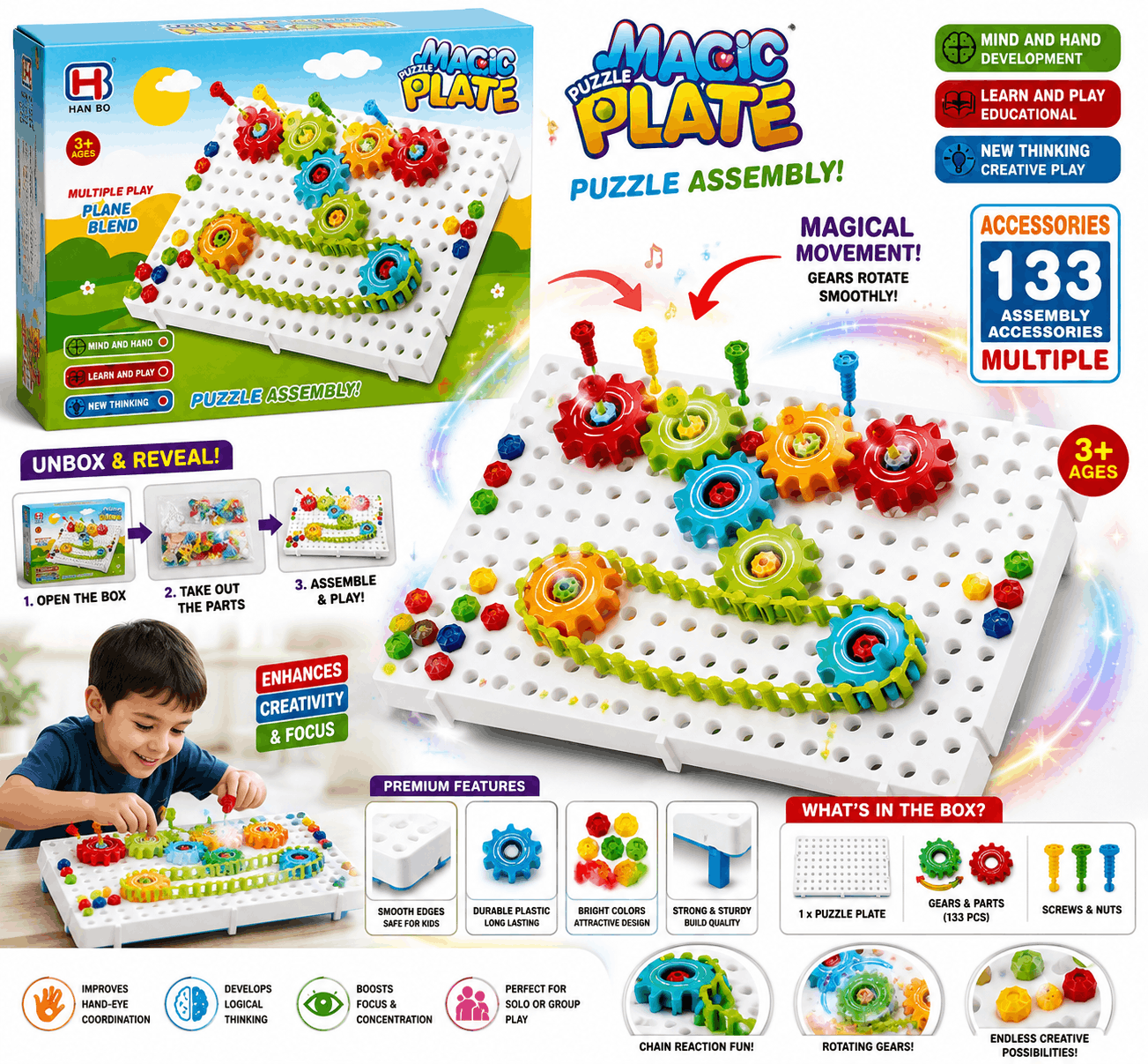 Han Bo Magic Puzzle Plate – 133-Piece DIY Educational STEM Gear & Mosaic Assembly Building Toy for Kids (3+ Years)