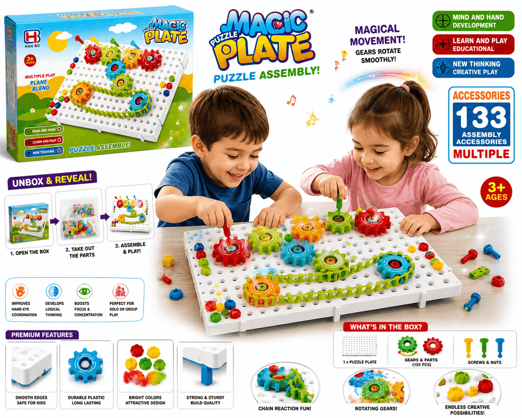 Han Bo Magic Puzzle Plate – 133-Piece DIY Educational STEM Gear & Mosaic Assembly Building Toy for Kids (3+ Years)