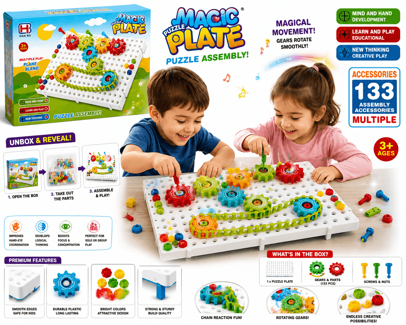 Han Bo Magic Puzzle Plate – 133-Piece DIY Educational STEM Gear & Mosaic Assembly Building Toy for Kids (3+ Years)