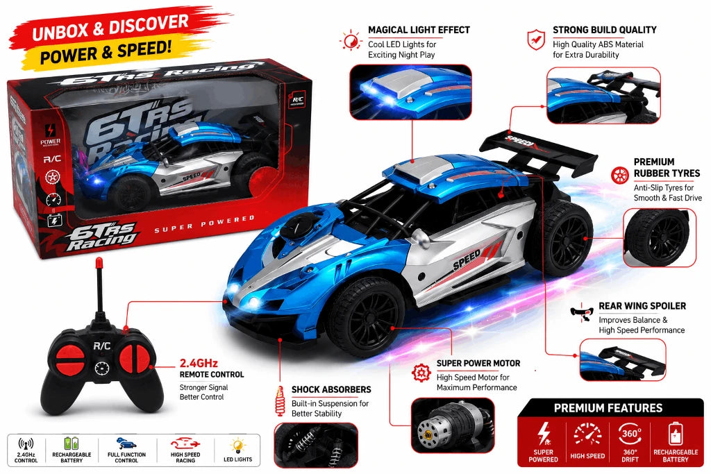 Speed Radio Control High-Speed Racing Car – Blue & Silver RC Sports Car Toy with Full-Function Controller