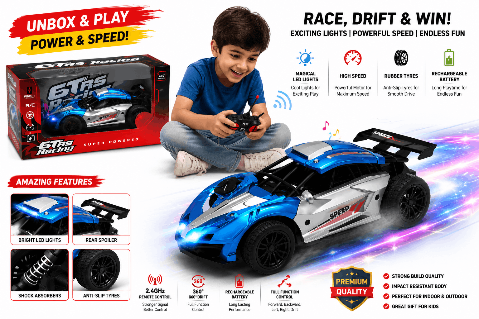 Speed Radio Control High-Speed Racing Car – Blue & Silver RC Sports Car Toy with Full-Function Controller
