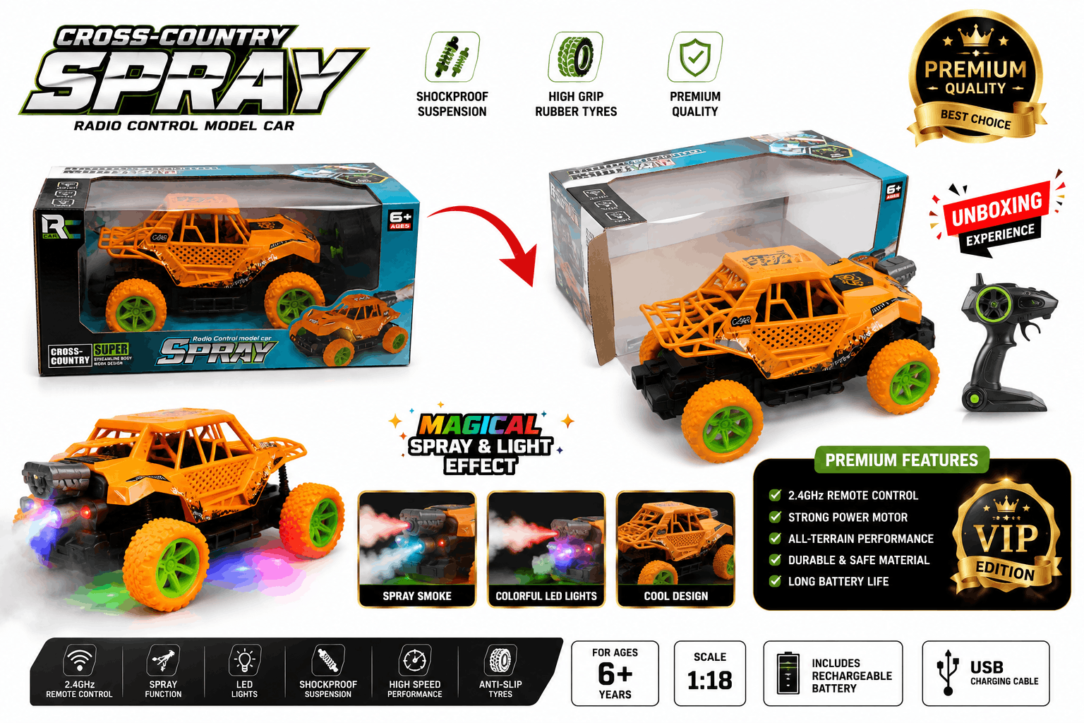 Cross-Country Spray RC Monster Truck – 6+ Radio Control Off-Road Racing Car with Exhaust Smoke Simulation Effect