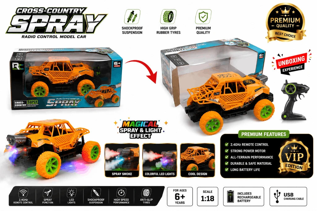 Cross-Country Spray RC Monster Truck – 6+ Radio Control Off-Road Racing Car with Exhaust Smoke Simulation Effect